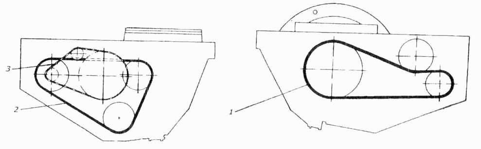 Схема расположения ремней и цепей жатки для уборки трав Гомсельмаш КСК-100А. Каталог 2002г.
