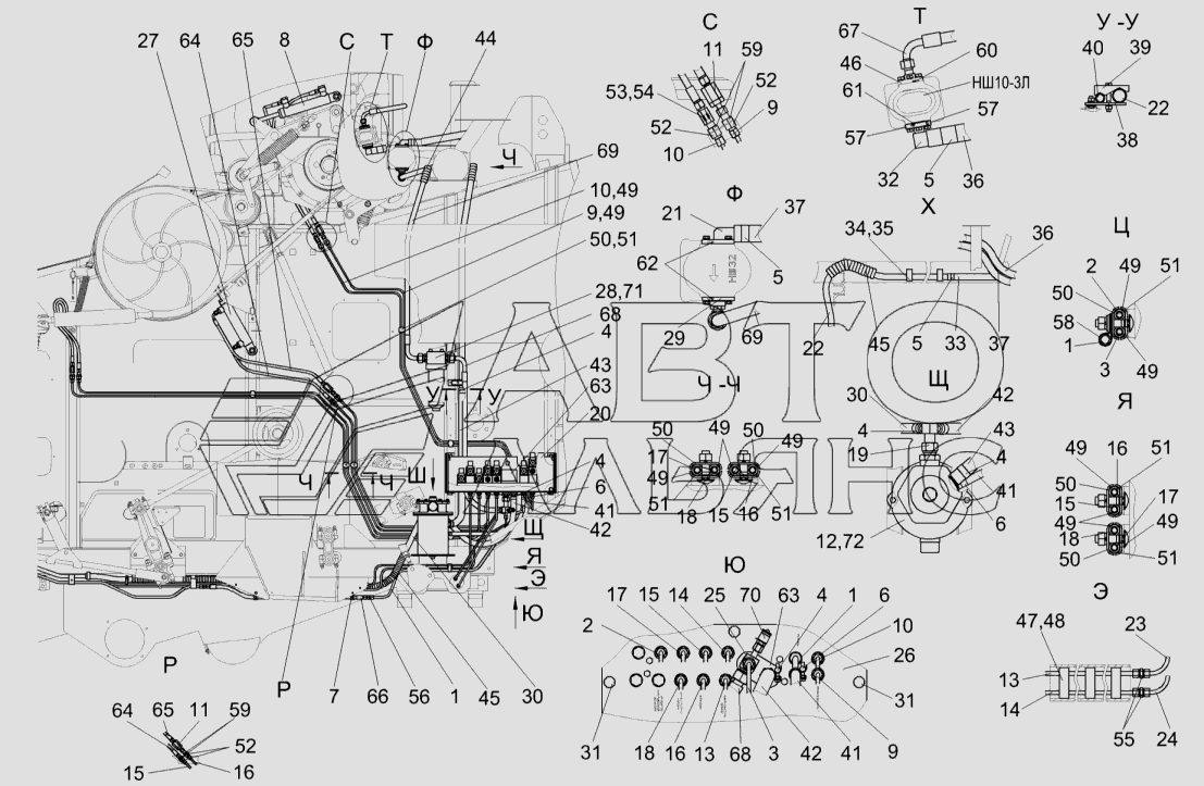 Гидросистема рулевого управления и силовых гидроцилиндров КЗК-812-0602000 (вид слева) Гомсельмаш КЗС-812С. Каталог 2011г.