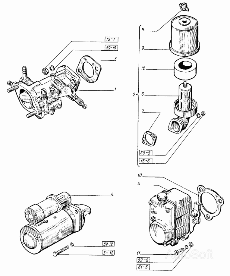 Пусковой двигатель. Агрегаты пускового двигателя ХТЗ Т-151К-08. Каталог 2004г.