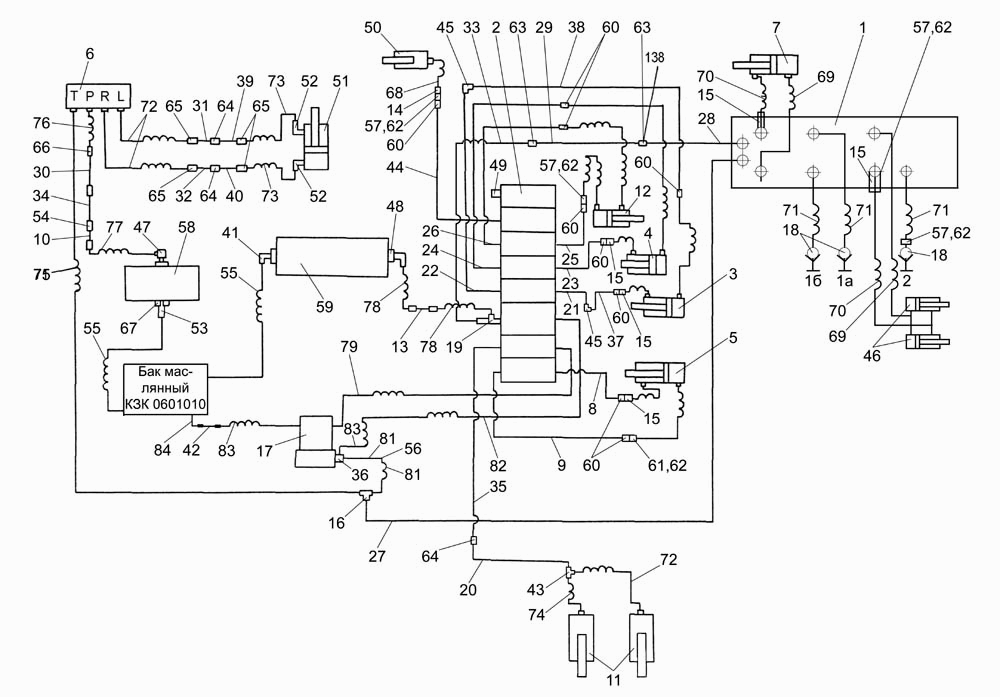 Схема соединений гидросистемы рулевого управления и силовых цилиндров КЗК КЗС-7. Каталог 2006г.