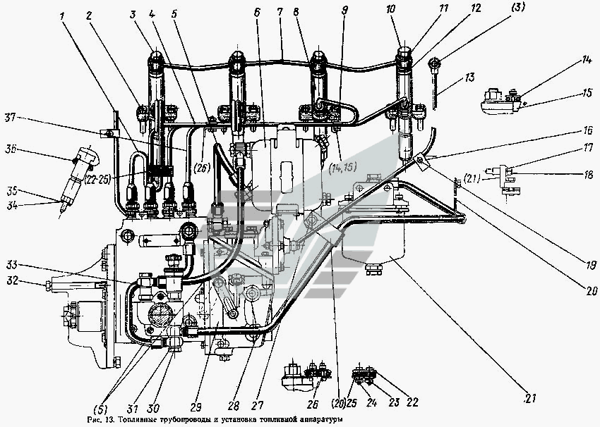 Топливные трубопроводы и установка топливной аппаратуры МТЗ-100