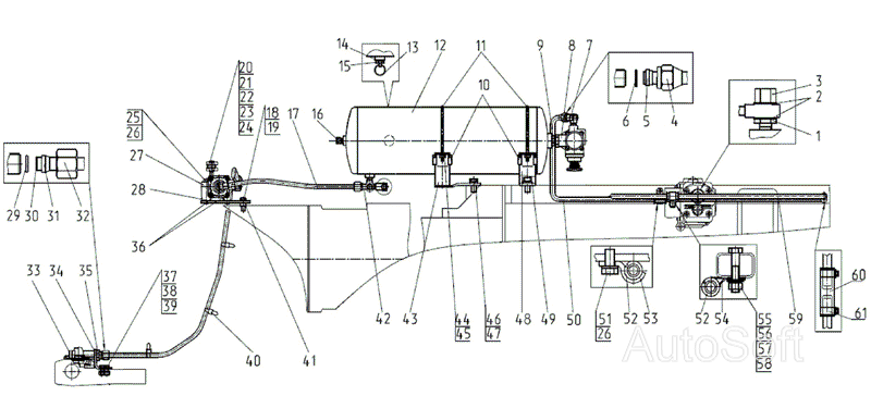 Трубопроводы и арматура однопроводного пневмопривода тормозов прицепа МТЗ-1021.3. Каталог 2010г.