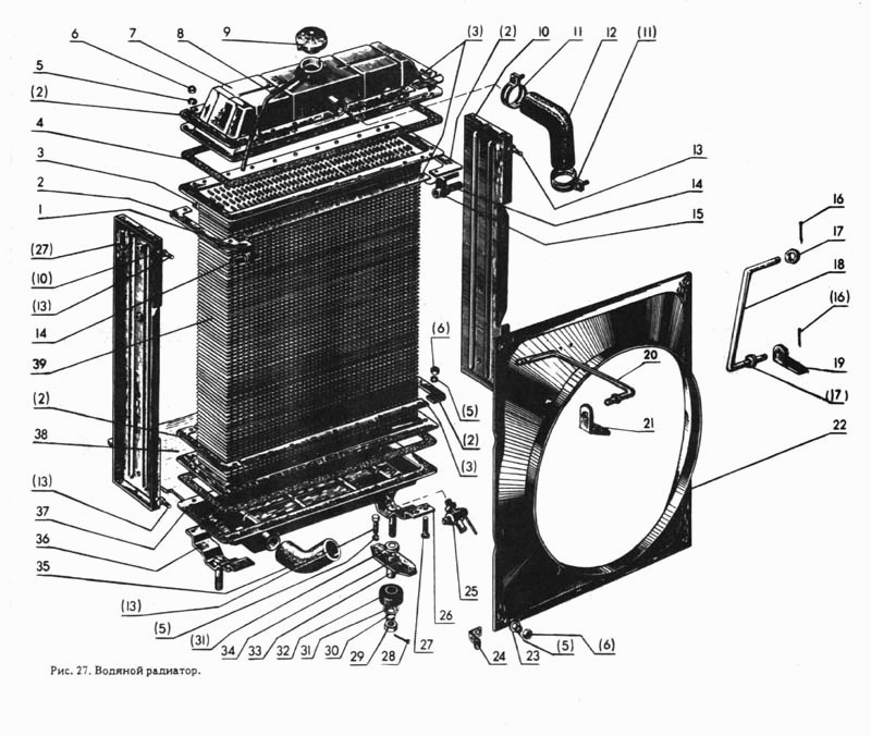 Водяной радиатор. Подвеска и шланги. Кожух вентилятора МТЗ-80. Каталог 1998г.