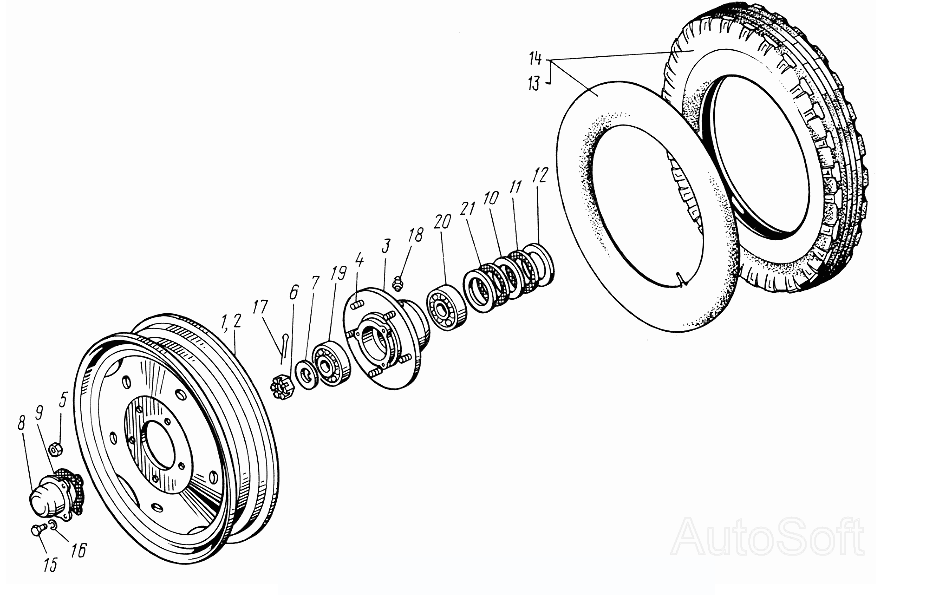 Колеса передние. Ступицы передних колес ЮМЗ-6КЛ, (6КМ). Каталог 1995г.