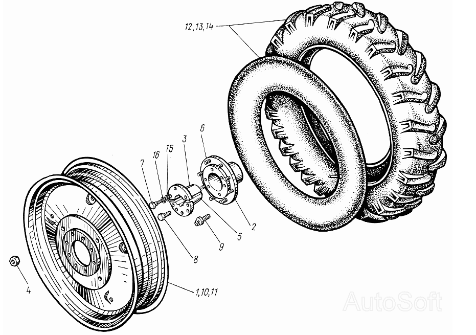 Колеса задние. Ступицы задних колес ЮМЗ-6КЛ, (6КМ). Каталог 1995г.