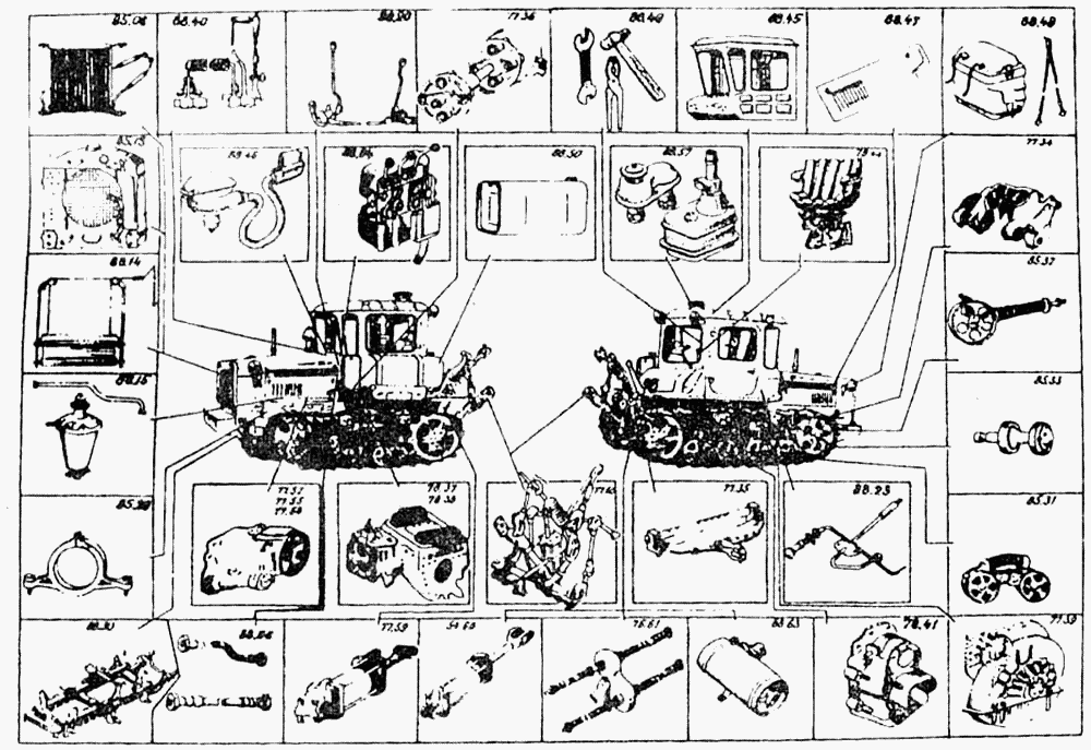 Рисованное оглавление шасси трактора ДТ-75МВ ВгТЗ ДТ-75МВ. Каталог 2002г.
