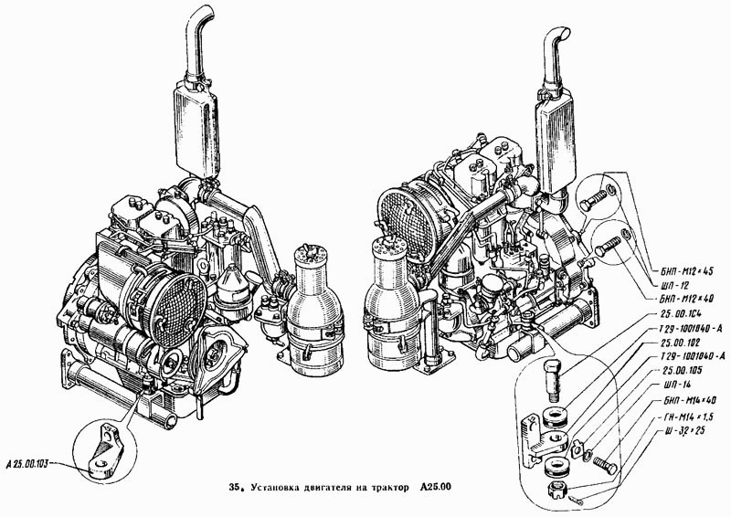 Установка двигателя на трактор ВТЗ Т-25А. Каталог 1995г.