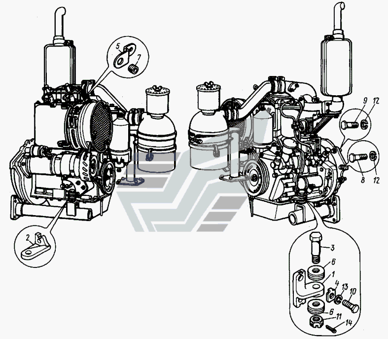 Установка двигателя на трактор ВТЗ Т-30A-80. Каталог 2000г.